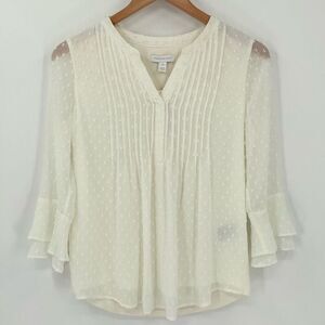 Charter Club Ruffle Textured Pintuck Top Swiss Dot Ivory Women Small Petite‎ NWT